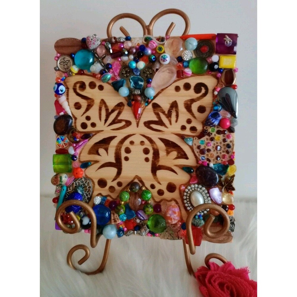 Handmade Beaded Jeweled Wood Burnished Butterfly Wall Hanging Shelf Sitter New
